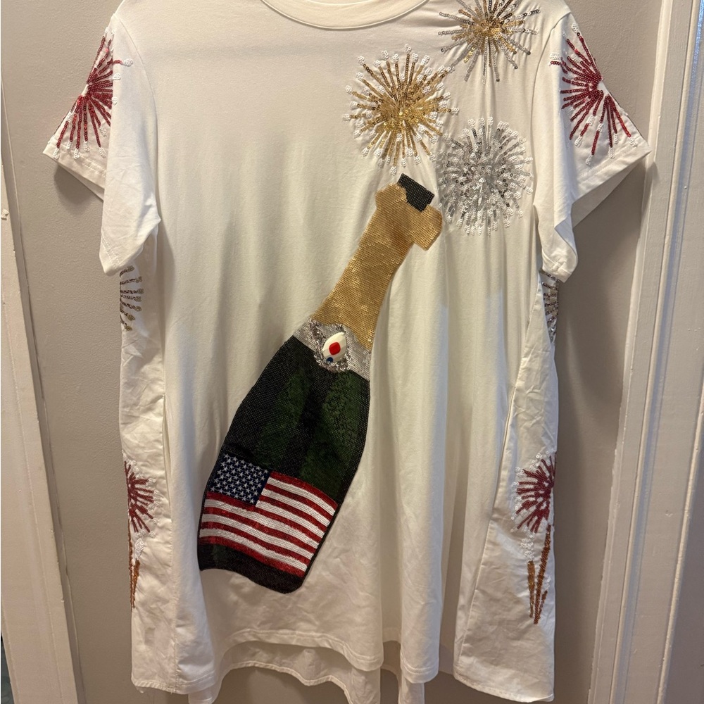 QOS White Dress with Champagne and Fireworks Design